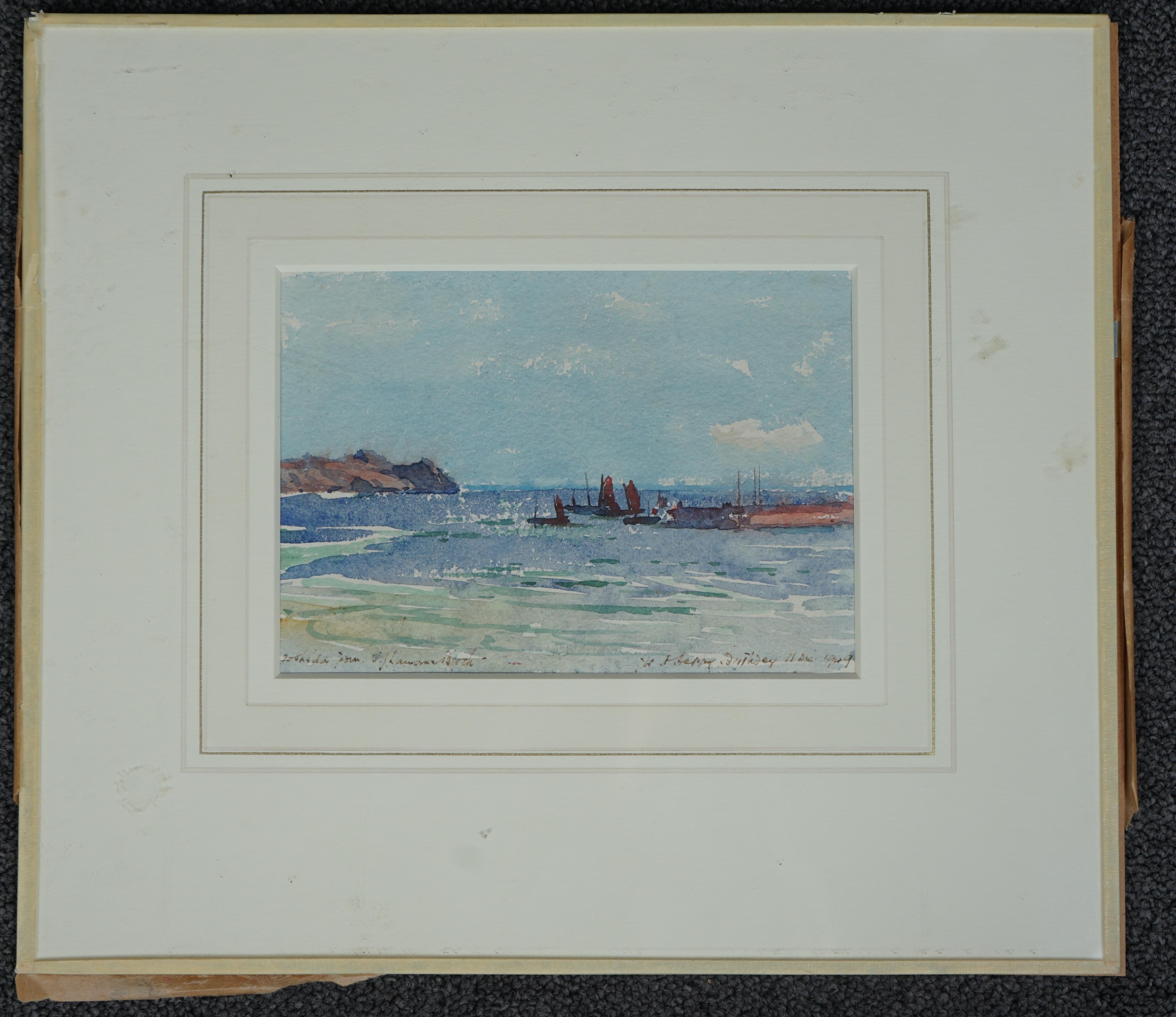 Samuel John Lamorna Birch RA, RWS (1869-1955), Coastal scene with fishing boats, watercolour, 12 x 17cm